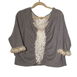 Free People Gray Sweatshirt Lace Beads Sequins Fringed 3/4 Sleeves Size S